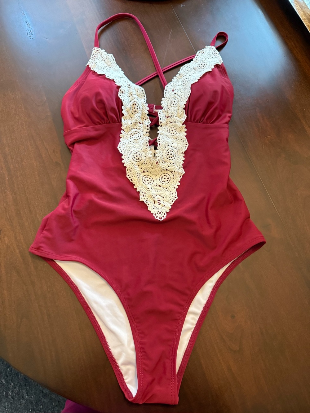 Cupshe One Piece Swimsuit Size m red crochet Cutout Plunge Padded Womens